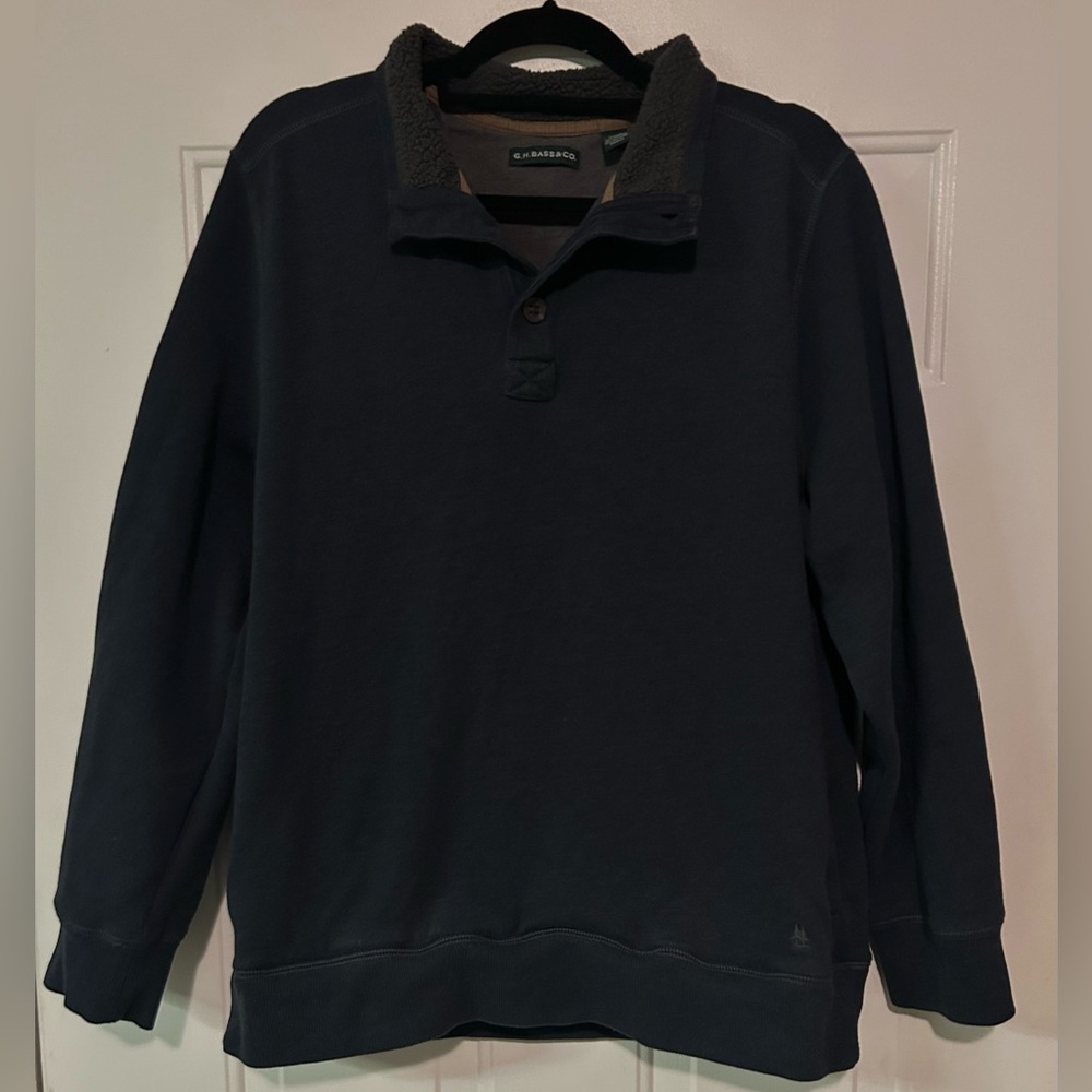 G.H. BASS CO Men's Navy Blue Fleece‎ Lined Button Sherpa Collar Sweatshirt SZ XL